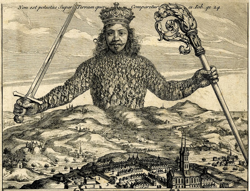 Excerpt from engraved frontispiece of Leviathan by Thomas Hobbes (1651) showing an aristrocrat overlooking a landscape